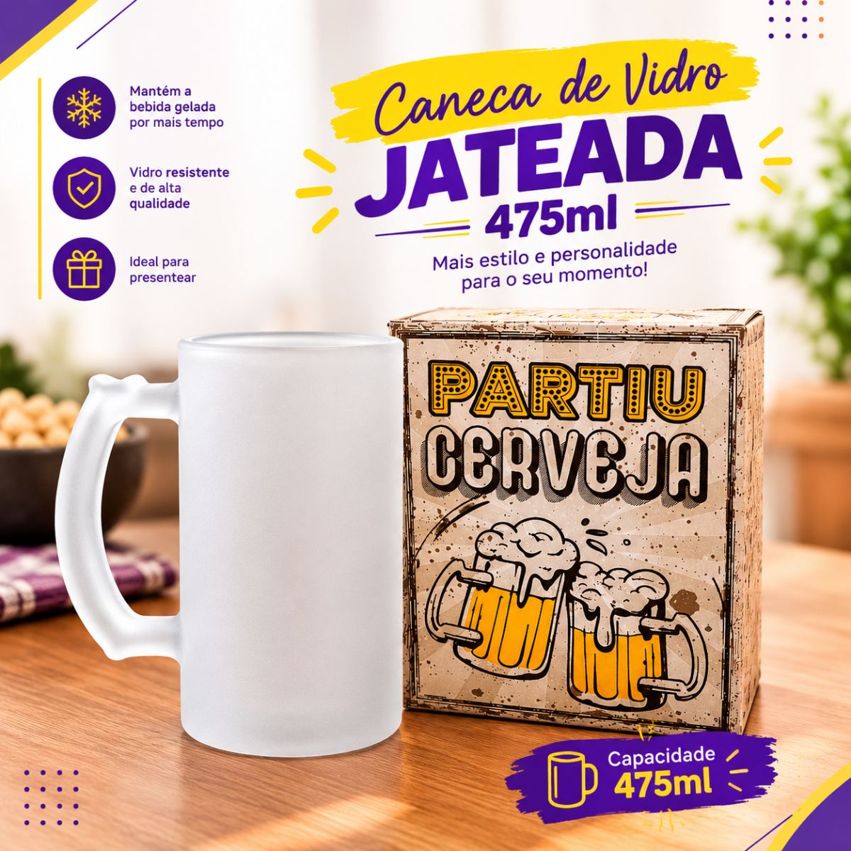 Caneca Chopp Vidro Jateada 475ml - Personalizada