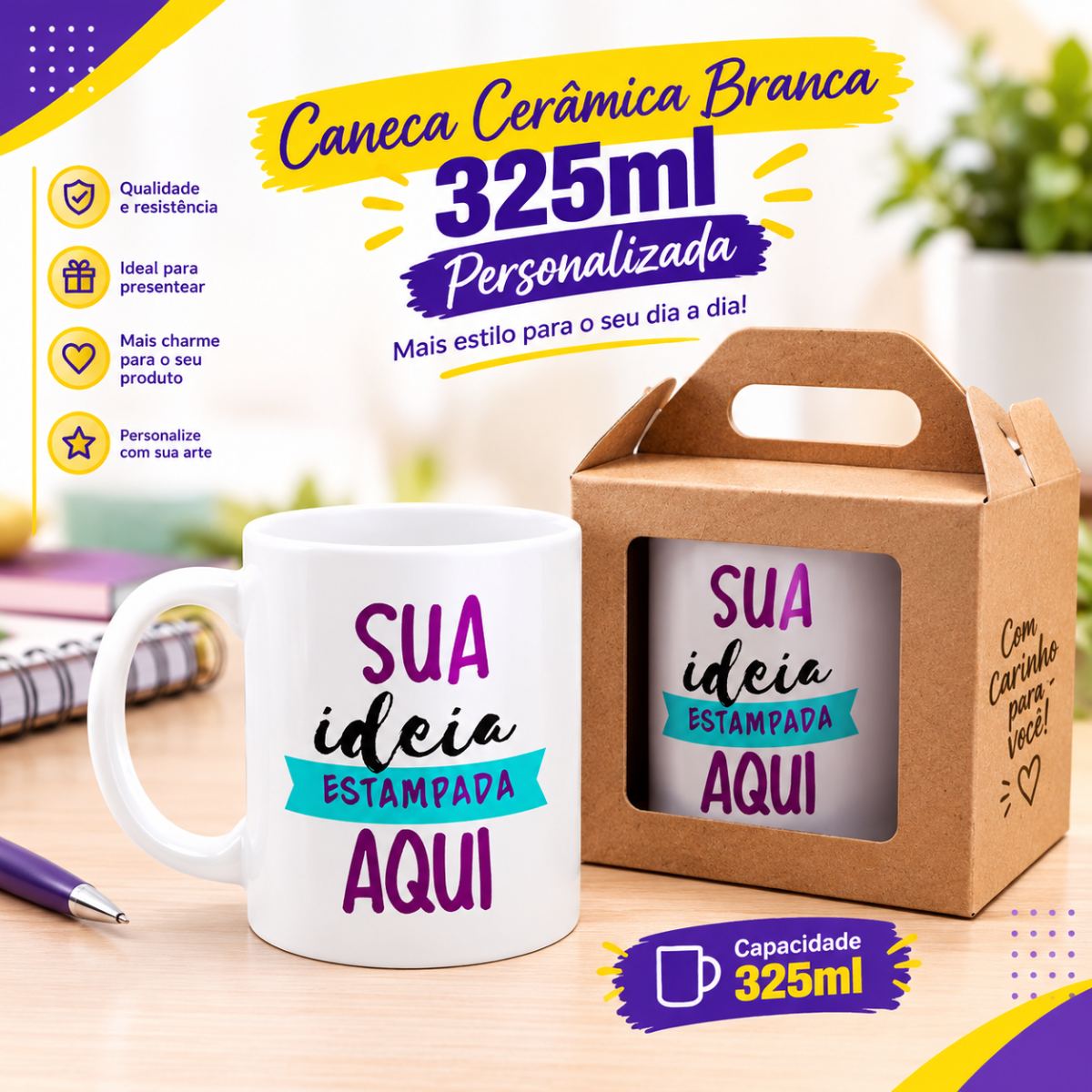 Caneca cerâmica branca 325ml - Personalizada