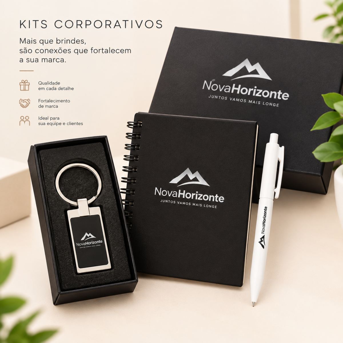 Kit Corporativo Personalizado – Bloco de Notas, Chaveiro e Caneta