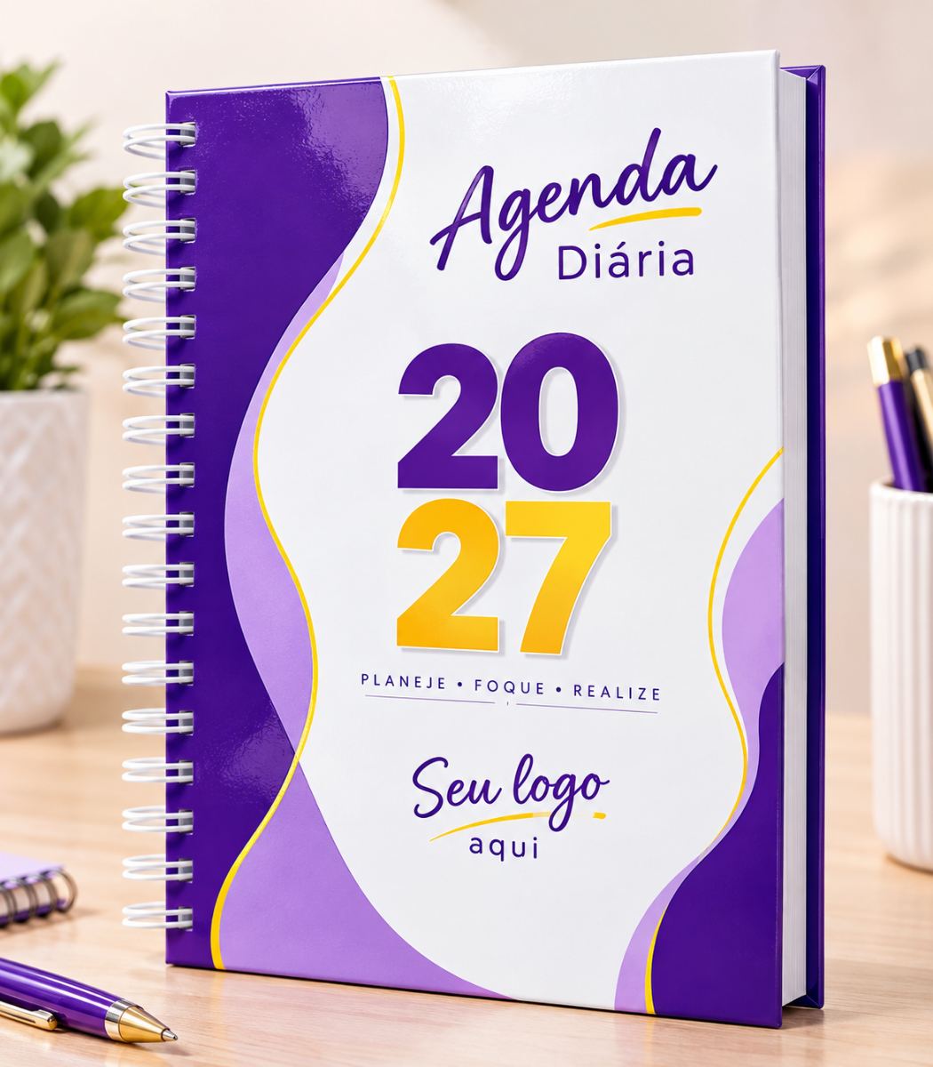 Agenda Diária - 148x210mm em Capa Dura - Laminação Brilho Frente - Wire-o Branco